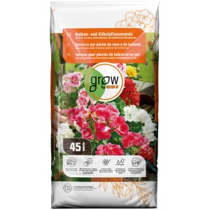 GROW by OBI Balkon- und Kübelpflanzenerde, 45l Sack mit blühenden Balkonpflanzen.