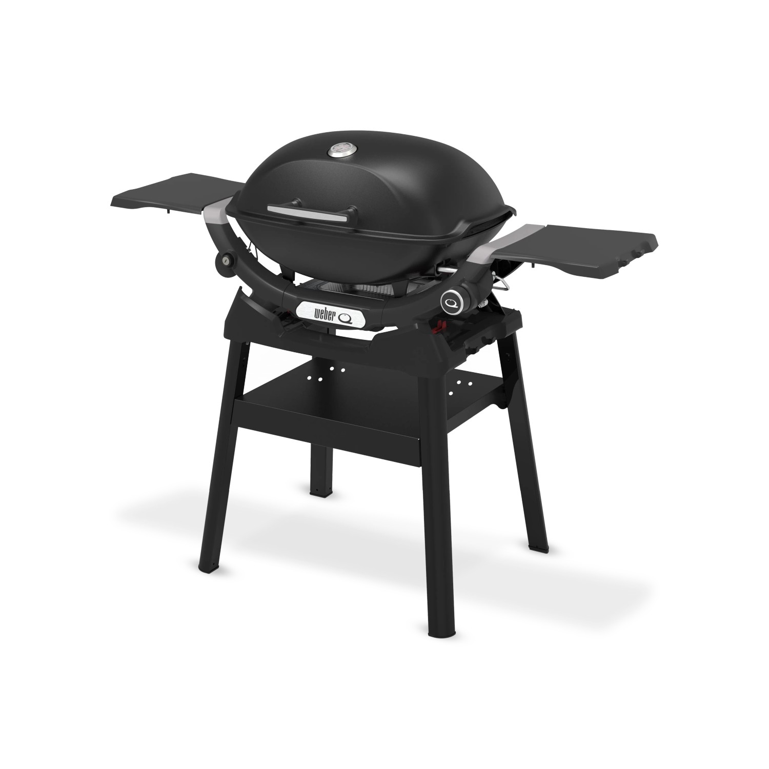 Schwarzer Weber Gasgrill Q2200N mit Stand und Seitentischen.