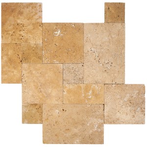 Bodenplatten-Set Travertin Noce, gesägt und getrommelt, römischer Verbund für Terrasse und Gehwege.