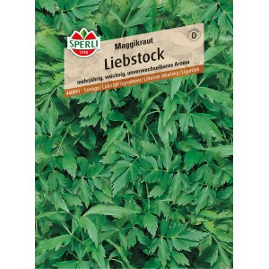Samenpackung Sperli Liebstock Maggikraut mit grünen Blättern.