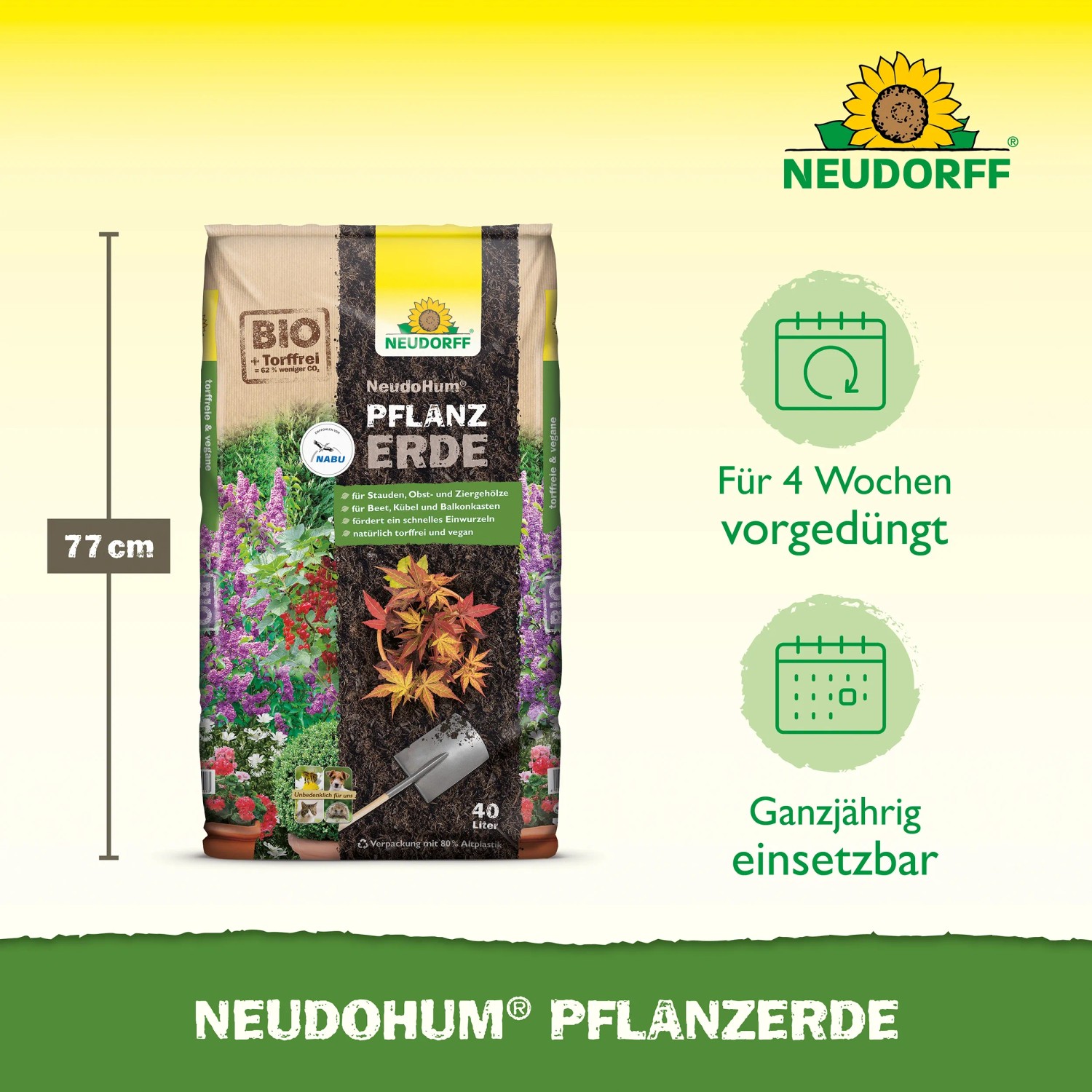 Neudorff NeudoHum Pflanzerde, 40 l Sack, torffreie Blumenerde für Gartenpflanzen.
