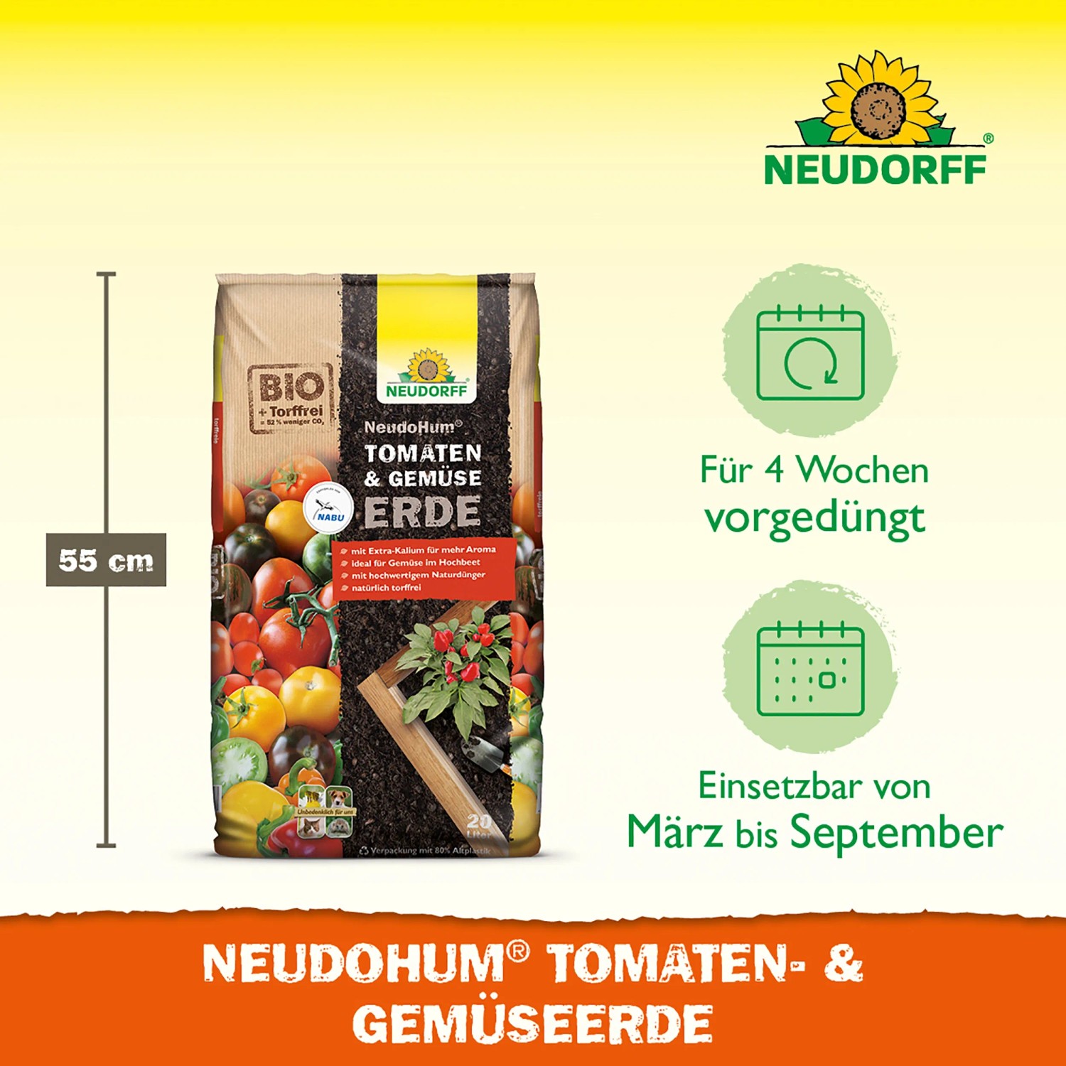 Sack Neudorff Neudohum Tomaten- und Gemüseerde 20 l, torffrei und vorgedüngt.