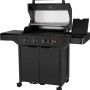 Schwarzer Jamestown 4-Brenner Gasgrill Knox II mit offenem Deckel und Seitentischen.
