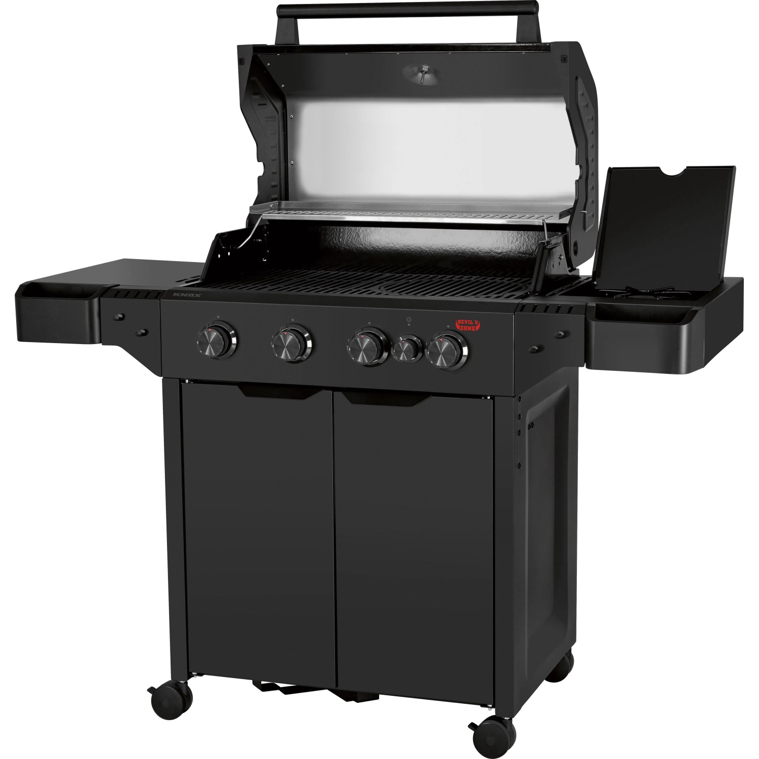 Schwarzer Jamestown 4-Brenner Gasgrill Knox II mit offenem Deckel und Seitentischen.