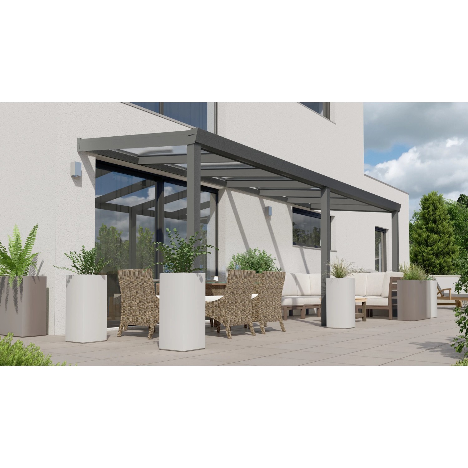 Anthrazit Terrassenüberdachung Professional 600x350 cm mit klarer Polycarbonat-Eindeckung.