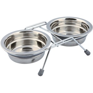 Trixie Napf-Set Eat on Feet, zwei Edelstahlnäpfe mit verchromtem Metallhalter und Klapperschutz.