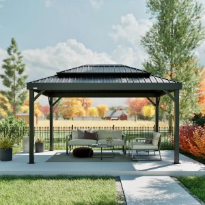 Schwarzer Sojag Pavillon London 424x299x310 cm mit Doppeldach und Sitzgruppe im Garten.