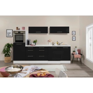 Respekta Premium Inselküche, 280 cm, Schwarz/Weiß Hochglanz, mit E-Geräten.