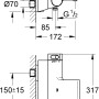 Technische Zeichnung der Grohe Grohtherm 2000 Thermostat-Wannenarmatur mit Maßen.