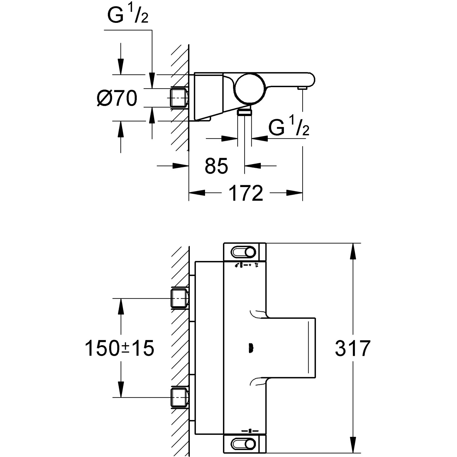 Technische Zeichnung der Grohe Grohtherm 2000 Thermostat-Wannenarmatur mit Maßen.