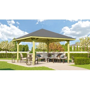 Imprägnierter Weka Holz-Pavillon Paradies 357x357 cm mit Möbeln im Garten.