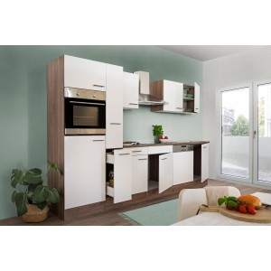 Moderne Respekta Küchenzeile KB310EYW in Weiß Seidenglanz und Eiche York Nachbildung.