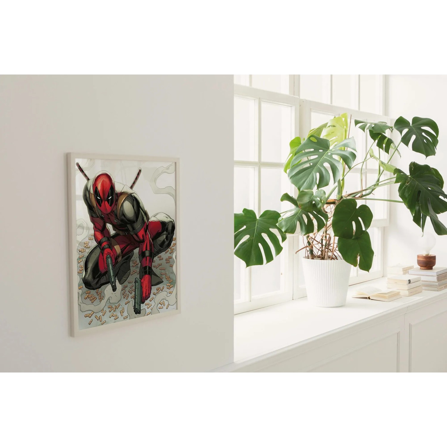 Komar Wandbild Marvel Deadpool Bullets, 30x40 cm, rote Comic-Figur mit Waffen.