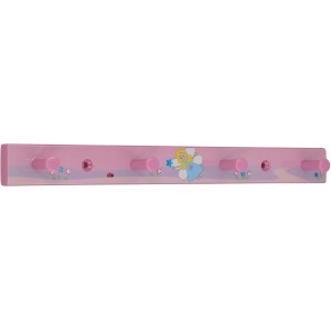 Rosa Kinder Garderobenhakenleiste mit Fee und Glitzerstein, 300mm lang.