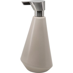 Beiger Spirella Elements Seifenspender Essos aus Keramik mit silberfarbener Pumpe.