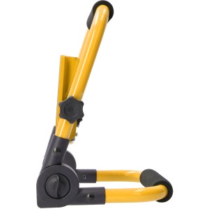 Zusammengeklappter, gelber LED's Work Akku-Baustrahler mit schwarzem Gestell.