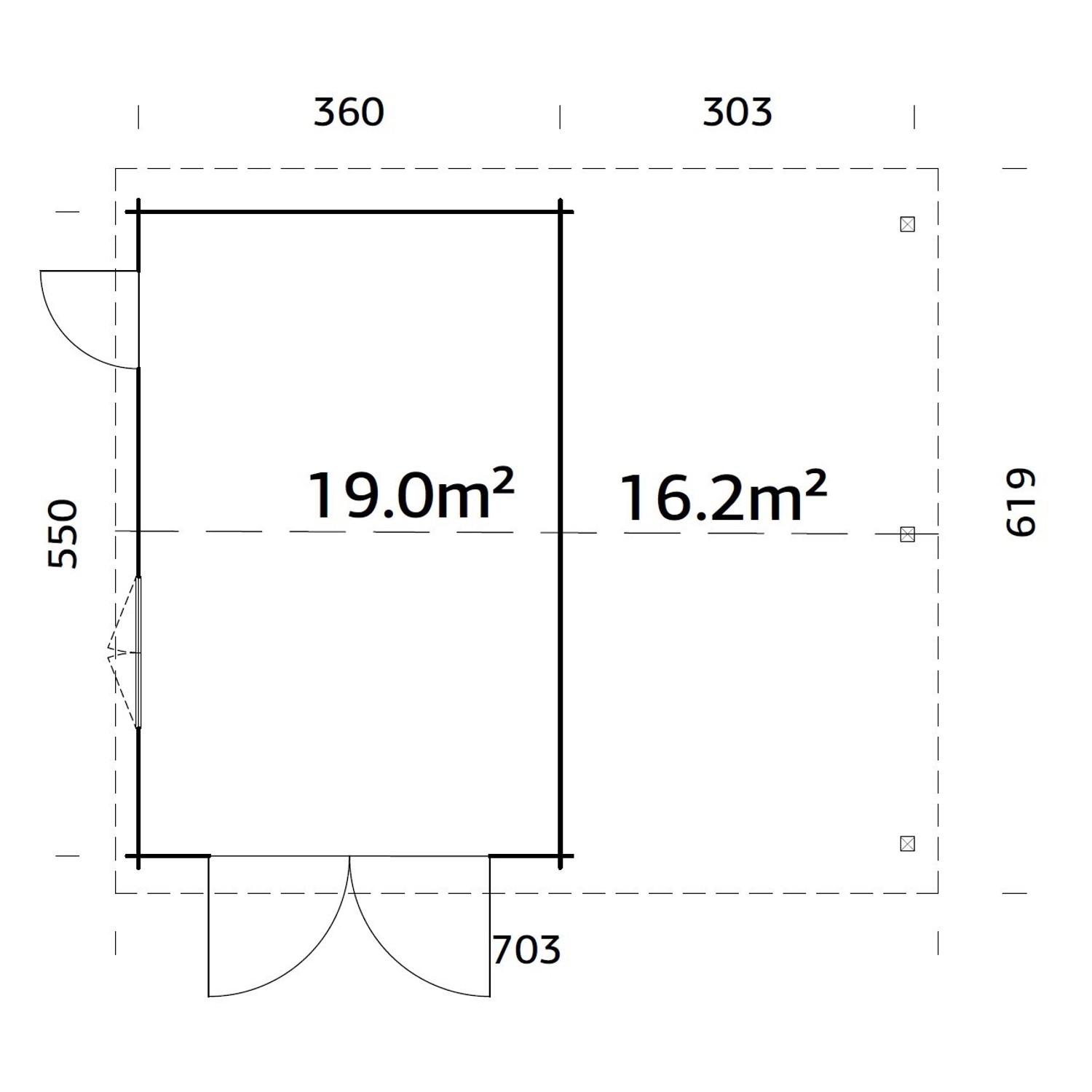 Grundriss Palmako Garage Roger: 653x550 cm, Holztor, Garage mit Carport, Maße in cm.