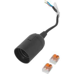 Schwarze E27 Renovierungsfassung mit Kabel und zwei Wago Klemmen für Lampeninstallation.