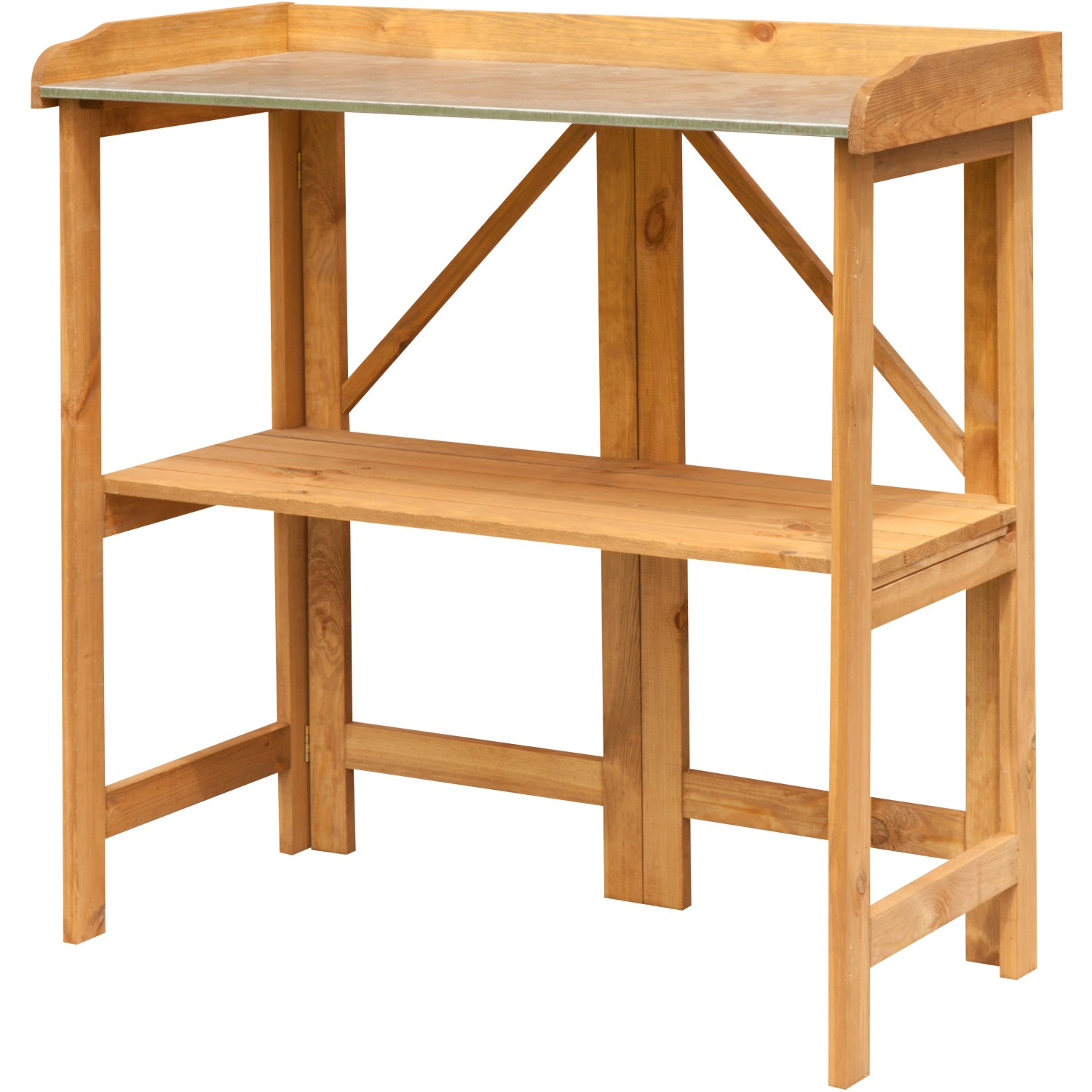 Brauner Kiehn-Holz Pflanztisch aus Kiefernholz mit alubeschichteter Arbeitsfläche und zusätzlichem Regalboden.