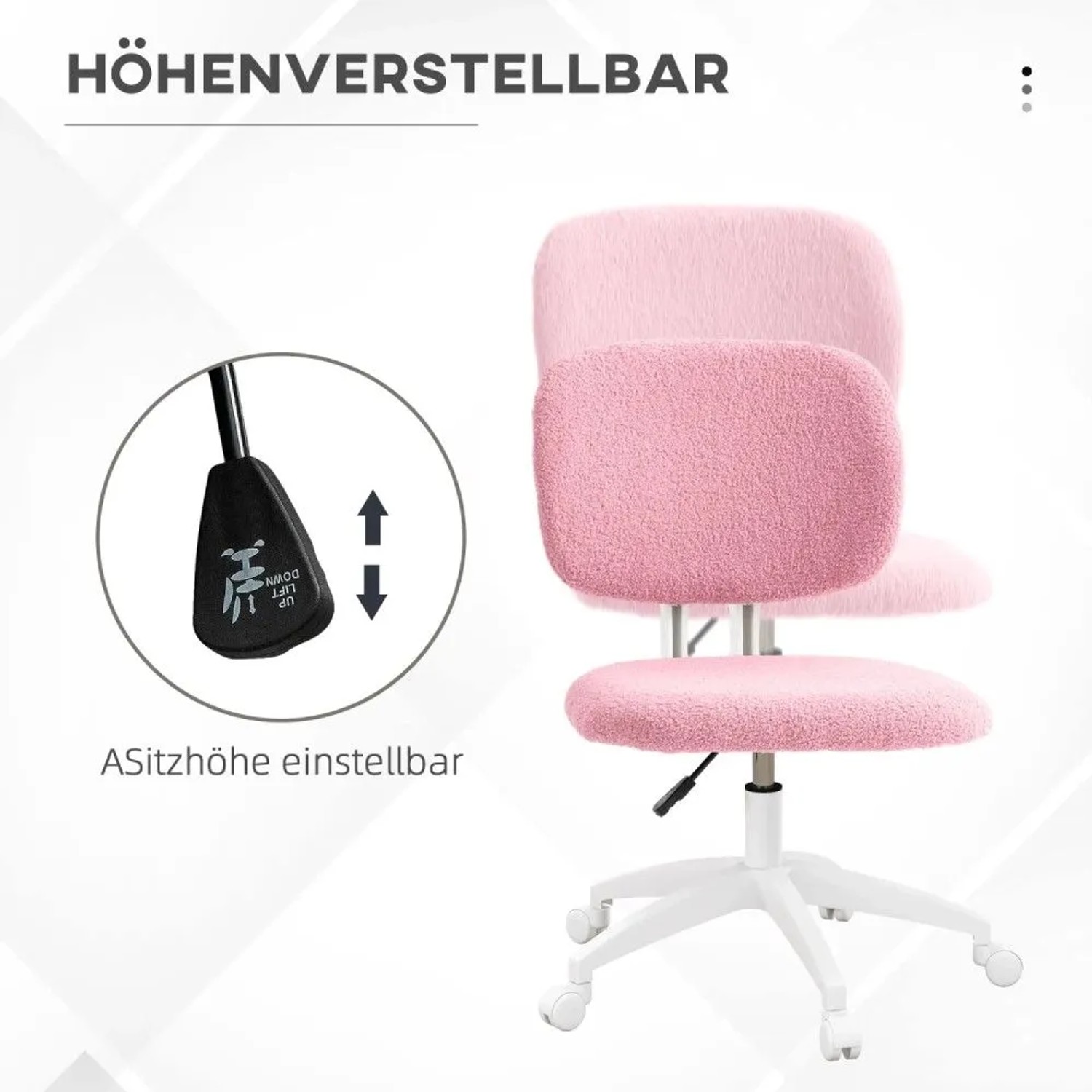 Pinker höhenverstellbarer Bürostuhl mit weichem Stoffbezug und Rollen. Detail der Sitzhöhenverstellung.