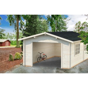 Palmako Garage Roger, grau-weiße Holzgarage ohne Tor mit Fahrrad. Fertiggarage aus FSC®-zertifiziertem Holz.