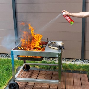 Brennender Grill wird mit ABUS Feuerlöschspray AFS625 gelöscht.