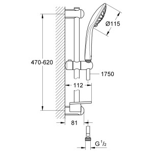 Technische Zeichnung: Grohe Euphoria 110 Massage Brausestangen-Set mit Maßen.