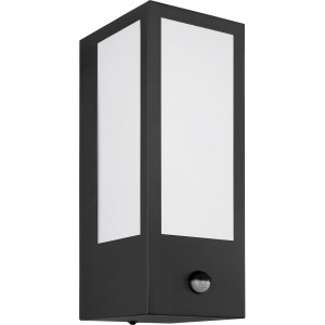 Moderne, schwarze Globo Außenleuchte mit Bewegungsmelder, 32cm hoch, für Wandmontage.