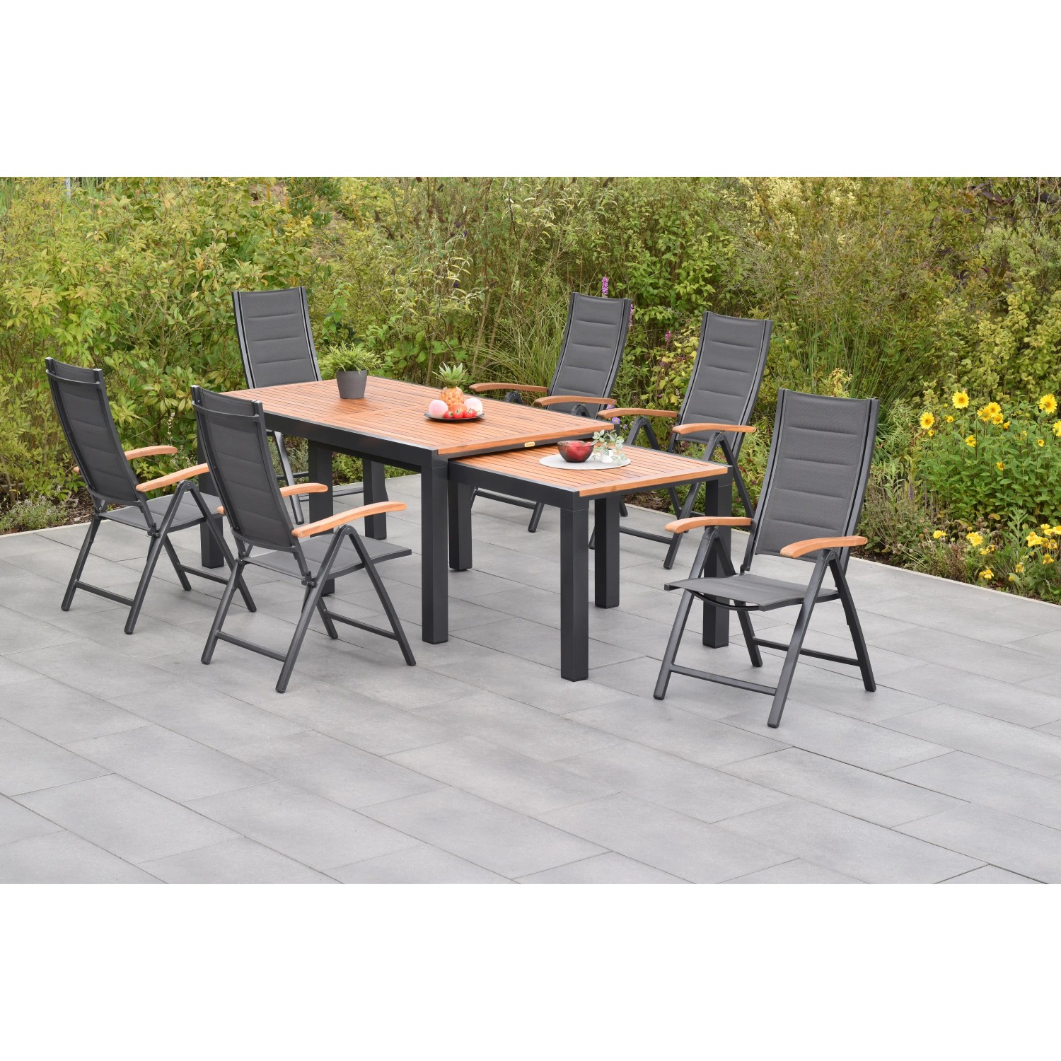 Merxx Paxos Gartenmöbel-Set, 7-teilig mit Ausziehtisch (180/360x100 cm) und 6 Klappsesseln.