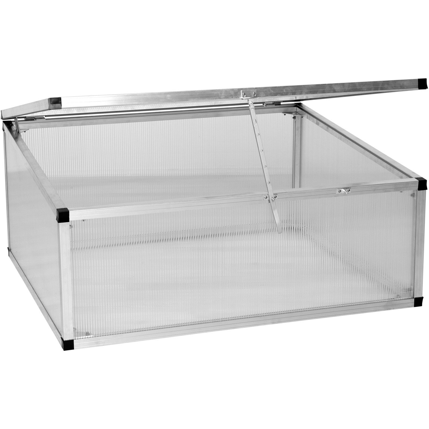 KGT Frühbeet 100 aus Aluminium mit geöffnetem Deckel, Mini-Gewächshaus.