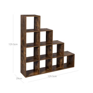 Braunes Vasagle Bücherregal mit 10 Fächern, 129,5x129,5x29cm, als Raumteiler geeignet.