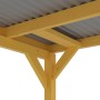 Detailansicht Skan Holz Carport Grunewald mit Aluminiumdach in Eiche Hell, Holzpfosten und Dachkonstruktion.