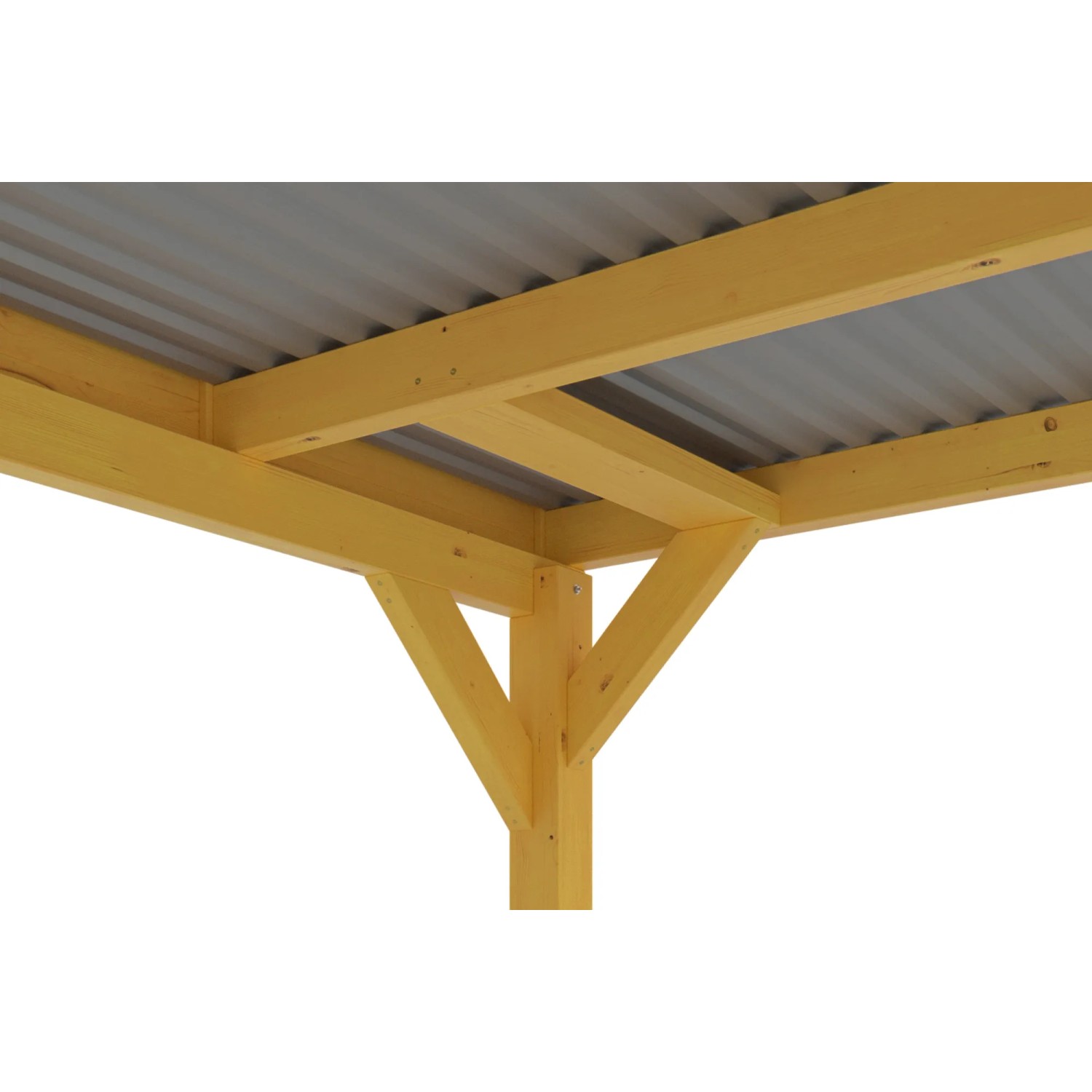 Detailansicht Skan Holz Carport Grunewald mit Aluminiumdach in Eiche Hell, Holzpfosten und Dachkonstruktion.