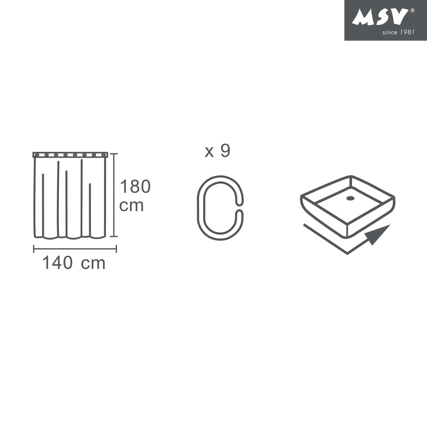 MSV Duschvorhang Snow, 140x180 cm, Weiß, aus EVA Material. Schemazeichnung mit Maßen und Zubehör.