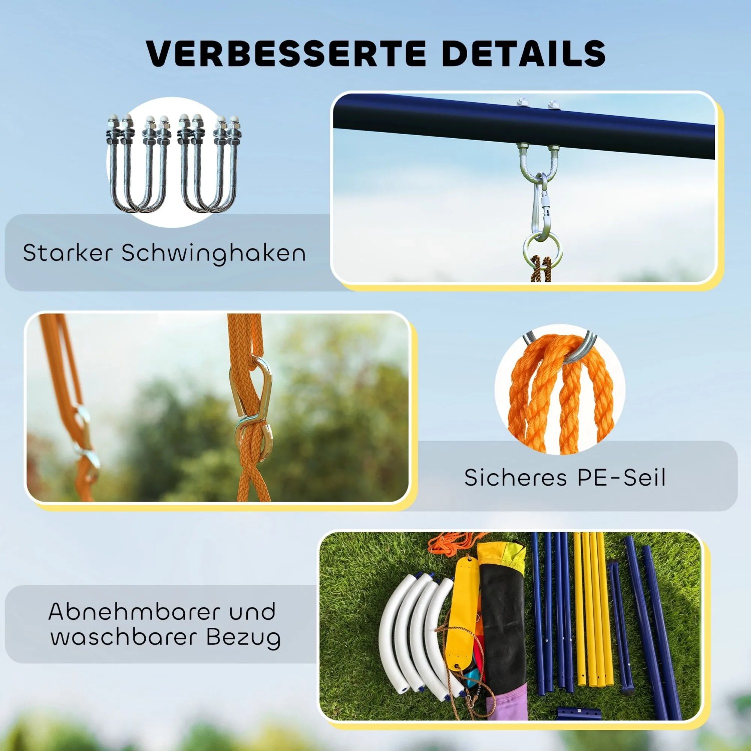 Details des AIYAPLAY Schaukelgestells: Stabile Haken, PE-Seil, zerlegte Stahlrohre und Zubehör.