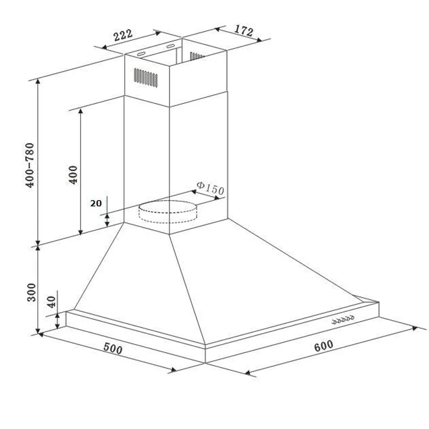 Technische Zeichnung Dunstabzugshaube für Held Möbel Küchenzeile Mailand mit Maßangaben.