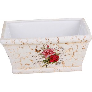 Cremefarbener Deko-Pflanzkasten (15x19x30 cm) aus Terrakotta mit Rosenmotiv.