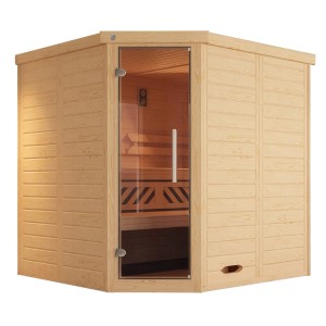 Weka Massivholz-Elementsauna Kemi Eck mit Glastür, naturbelassenes Fichtenholz.