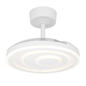 Weißer Eglo LED-Deckenventilator Riomaggiore, 30 Watt, Ø 77 cm, mit transparenten Flügeln und integrierter LED-Leuchte.