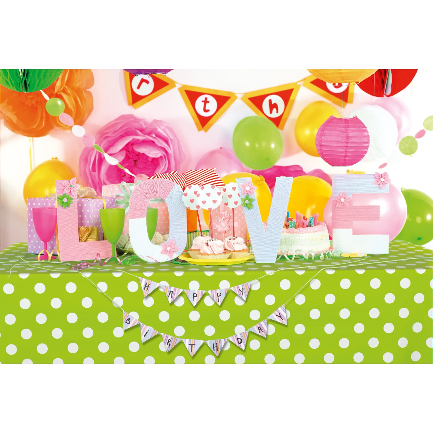 d-c-fix Tischdecke Venita Limone, eckig, mit Partydekoration und dem Wort "LOVE".