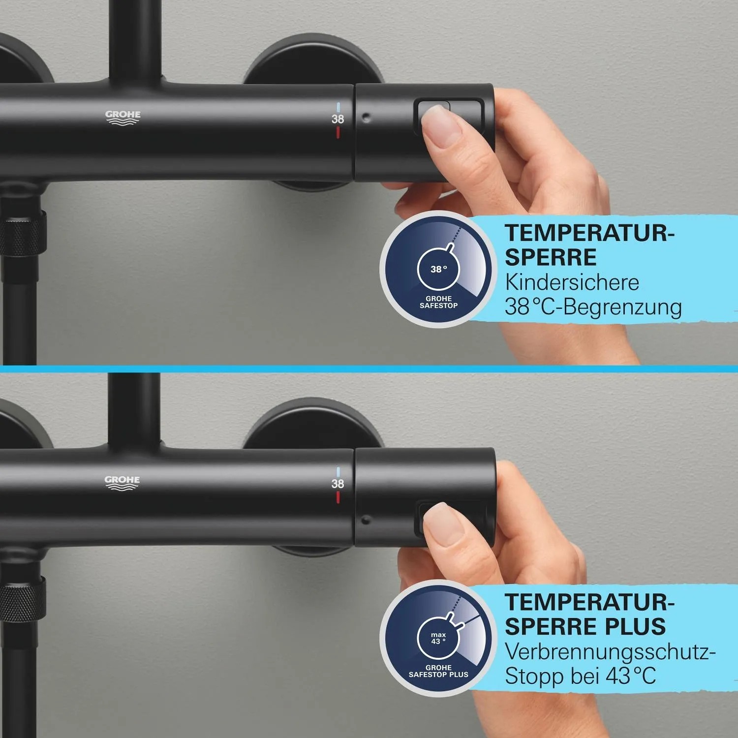 Grohe Precision Start Thermostat-Brausebatterie in Schwarz mit Temperaturregelung und Sicherheitssperre.