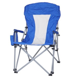 Blauer klappbarer Campingstuhl aus Stahl mit waschbarem Stoff, Armlehne und Getränkehalter. Für Camping.