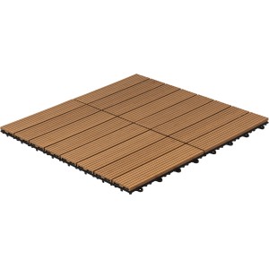 Quadratische Home Deluxe WPC Klickfliesen in Teakfarben, verlegt als Bodenbelag.