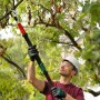 Mann schneidet Ast mit Bosch Akku-Baumschere Advanced Prune 18V-45 mit Verlängerung.