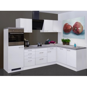 Moderne Flex-Well Winkelküche Joelina in Weiß Seidenmatt mit Elektrogeräten und Betonoptik Arbeitsplatte.