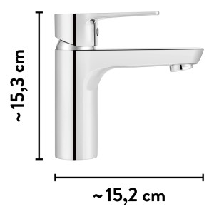 Glänzende baliv Waschtischarmatur WT-580 Chrom, Einhebelmischer, modern, ca. 15,3 cm hoch, 15,2 cm tief.