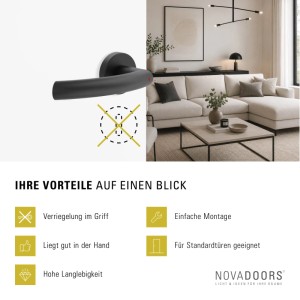 Schwarze Novadoors Nova Amico Smart2Lock Türgriffgarnitur Links, rosettenlos, mit roter Anzeige.