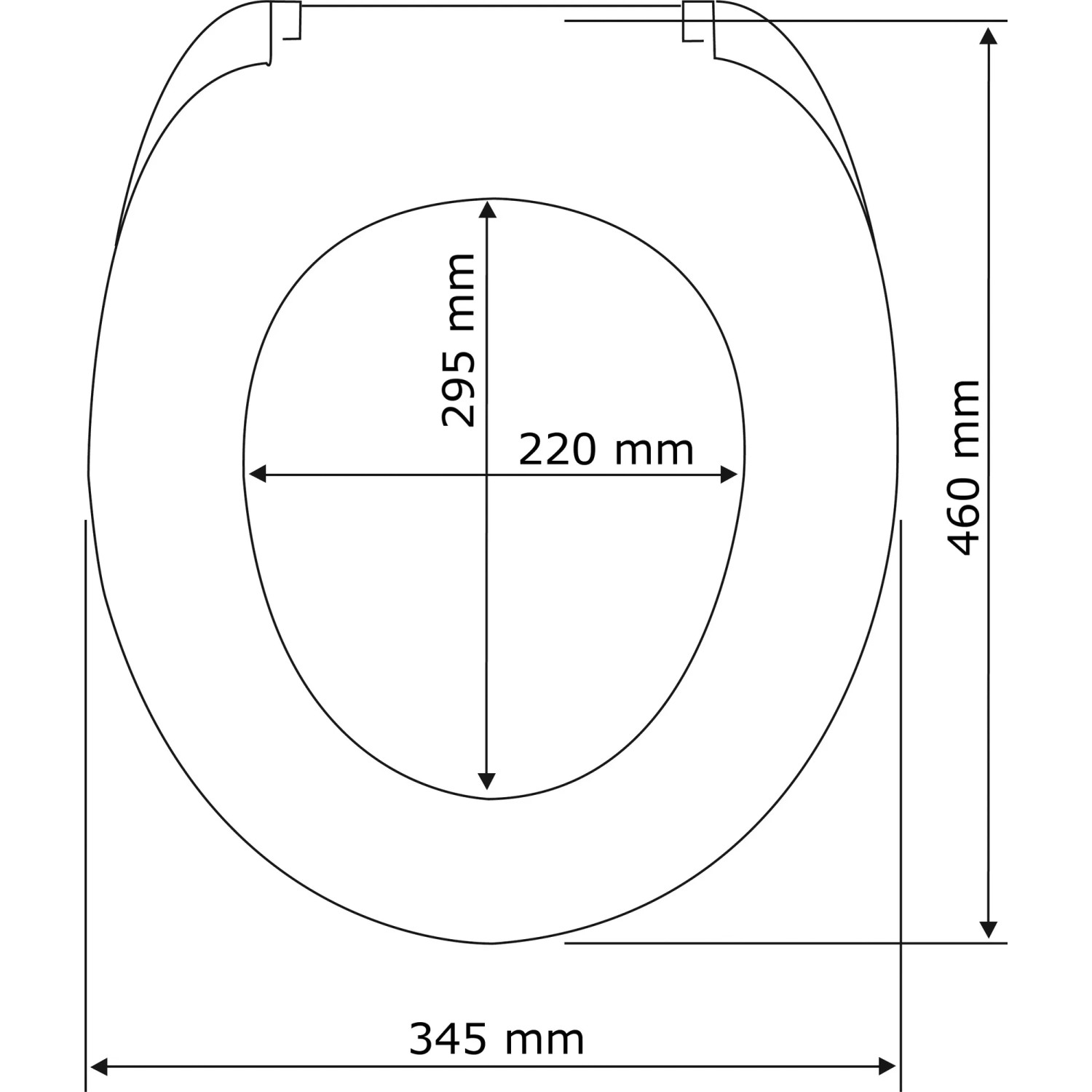 Technische Zeichnung: Weißer Wenko Premium WC-Sitz Calla mit Maßen.