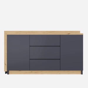 okwish Eckschreibtisch/Sideboard in Grau/Holzoptik mit 2 Türen, 3 Schubladen, Rollen. Flexibler Wohnzimmertisch.