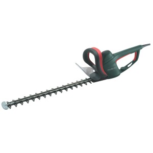 Metabo HS 8855 Elektro-Heckenschere mit gegenläufigen Messern und rotem Griff.